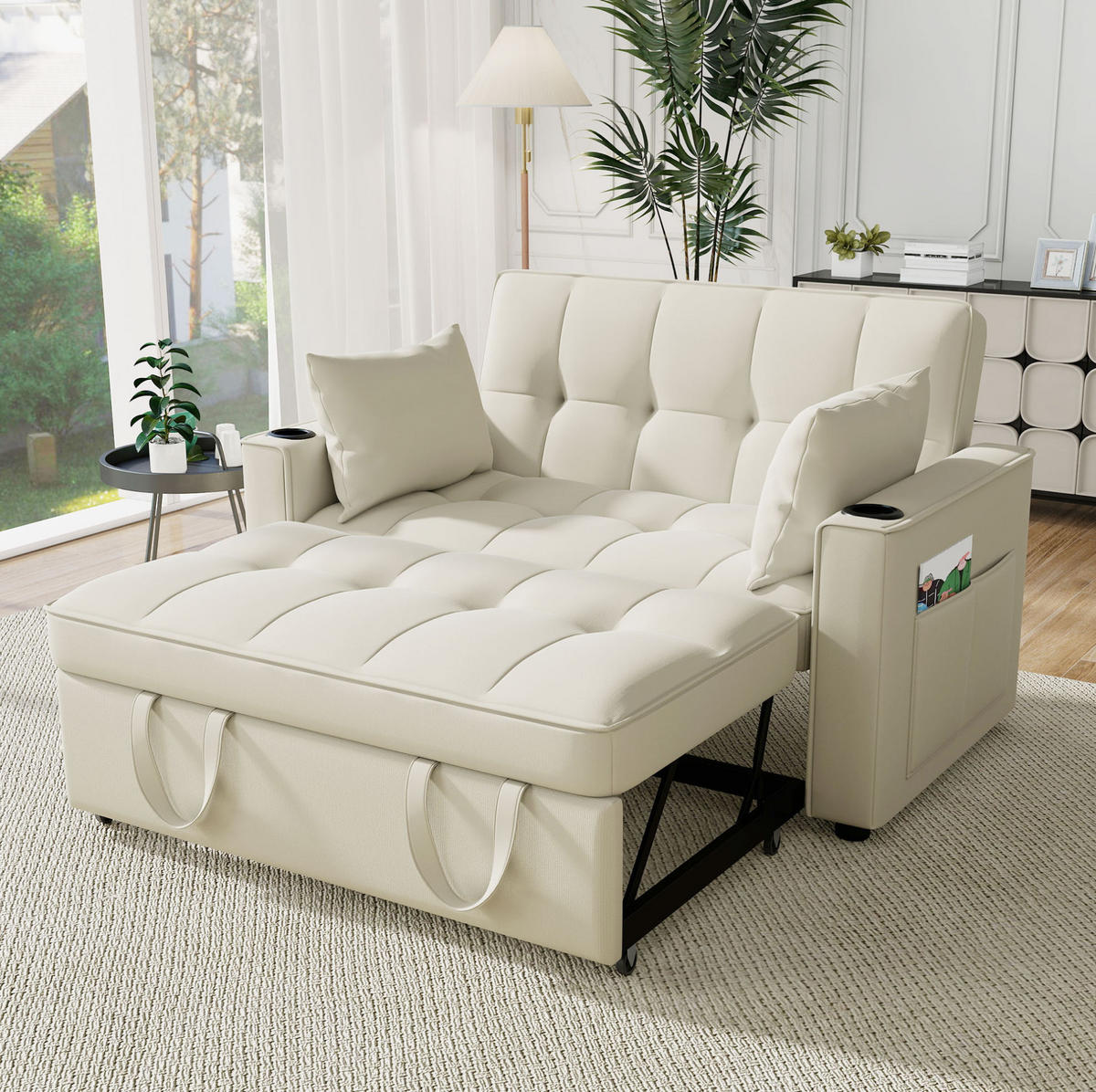 SCHLAFSOFA Samt mit 3-fach verstellbarer Rückenlehne und Getränkehalter Beige 137/76,5/83 cm - Beige, Textil (83/137/76.5cm) - Redom