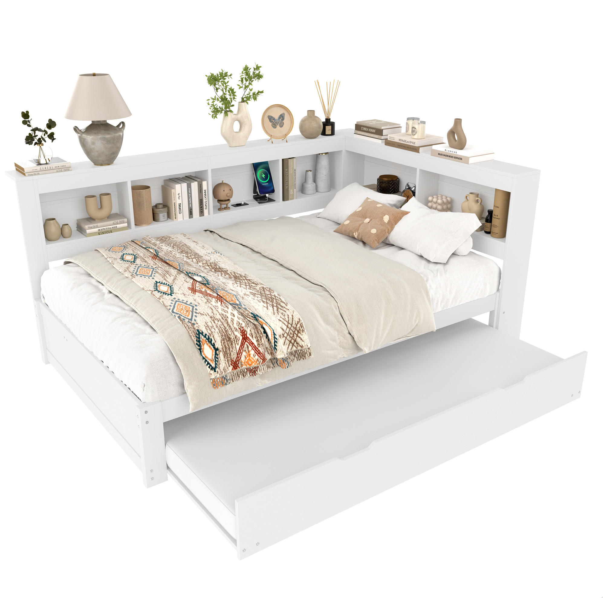 OKWISH DENNÍ postel 140/200 cm bílá z borovice a MDF s výsuvným lůžkem a USB