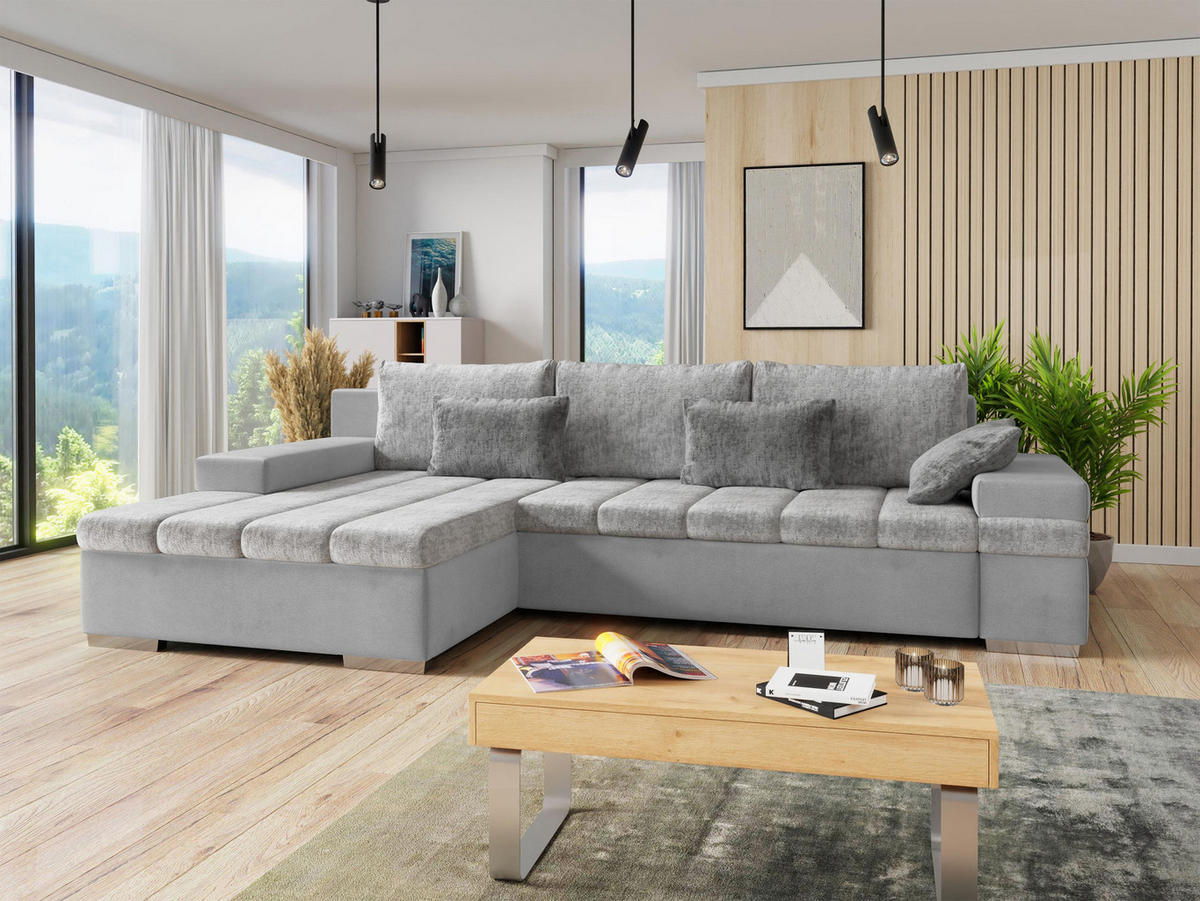 ECKSOFA Bangkok Premium, Seite: Links - Silberfarben/Hellgrau, Holz/Textil (310/175cm) - MIRJAN24