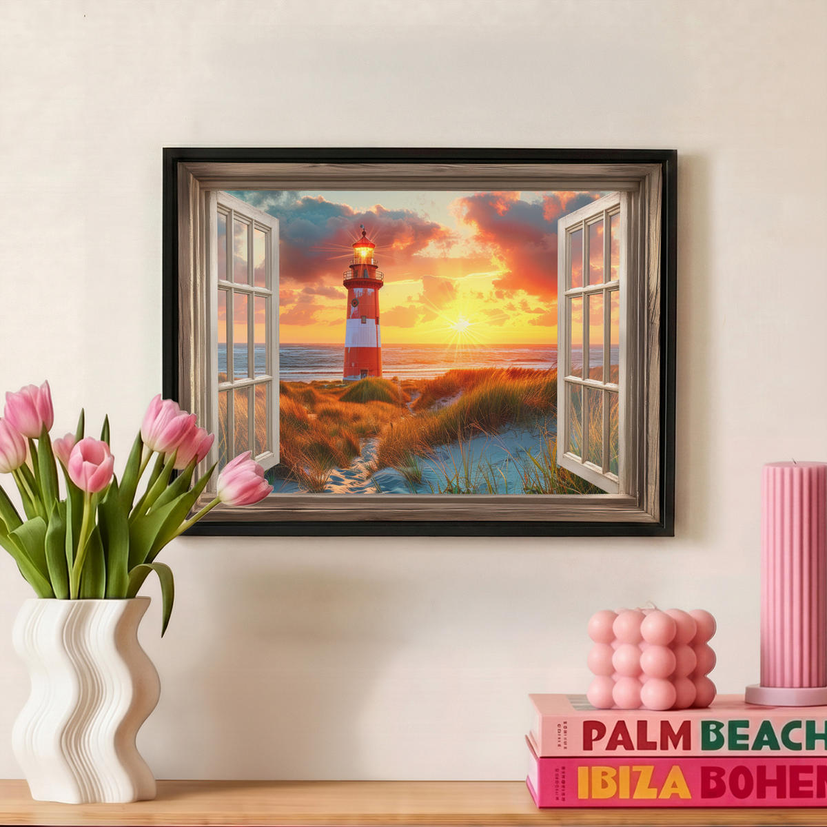 LEINWAND Bilder mit Rahmen - Aussicht - Fenster - Leuchtturm - Sonnenuntergang - Strand - 40x30 - Dunkelorange, Textil (40/30cm) - MuchoWow