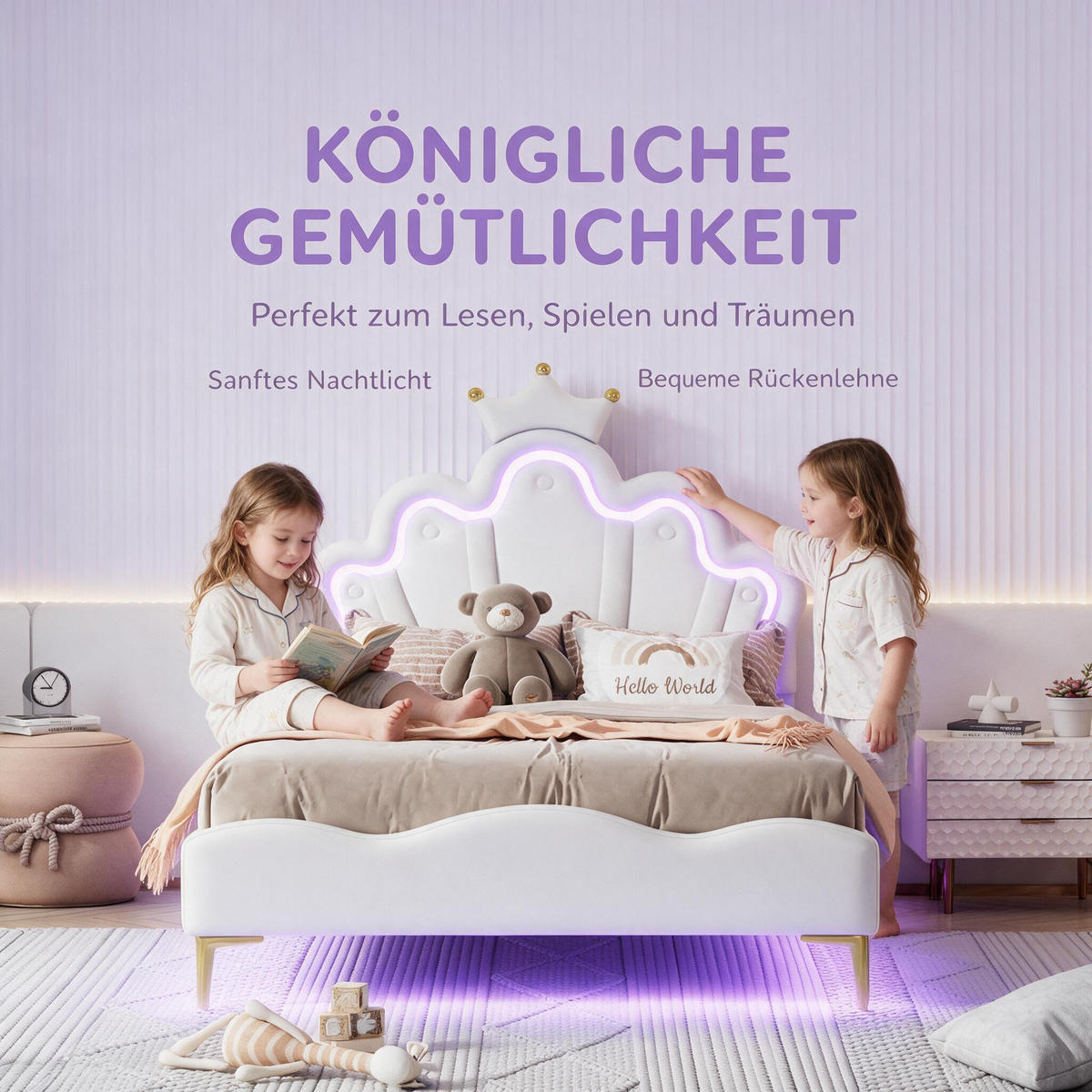 KINDERBETT 90 x 190 cm, Prinzessinnen, mit RGB-LED-Beleuchtung, gepolsterter Krone, höhenverstellbarem Bettgestell, Weiß - Weiß, Leder/Holz (190/90cm) - BursDany