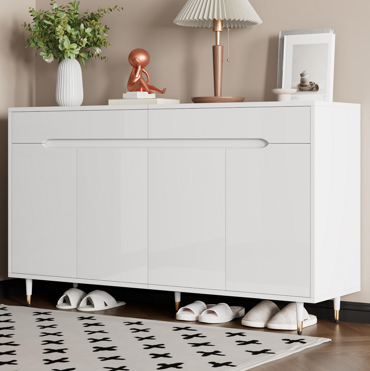 SCHUHSCHRANK 140/39/84 cm weiß-gold aus Spanplatte mit 2 Schubladen - Weiß, Holzwerkstoff (140/84/39cm) - OKWISH