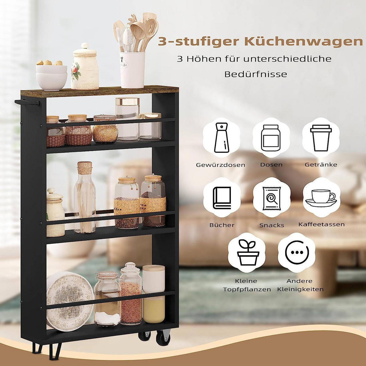 KÜCHENWAGEN mit 3 Ebenen, Griff und Bremsen ,Schwarz - Schwarz, Holzwerkstoff/Metall (47/80/13cm) - Woltu