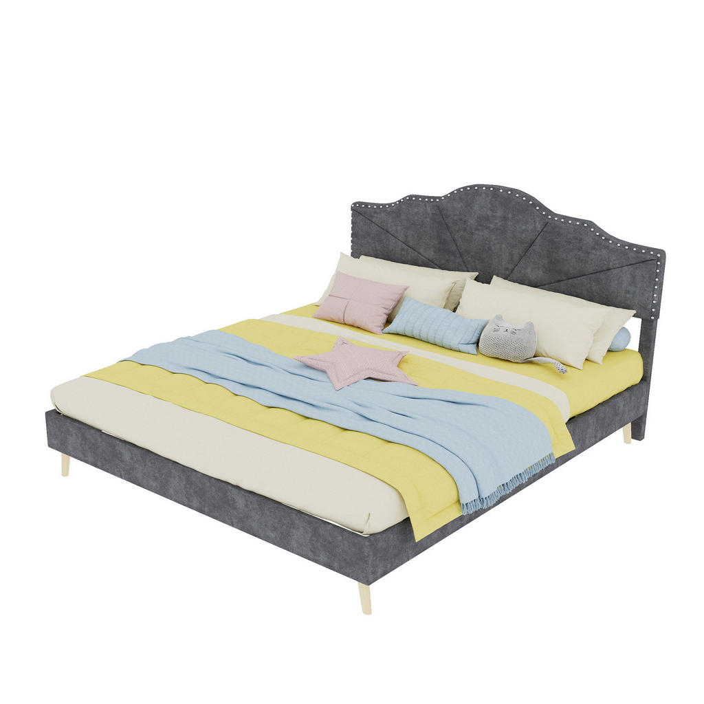 OKWISH POSTEL 160/200 cm šedá z látky a kovu s geometrickým čelem a lamelovým roštem