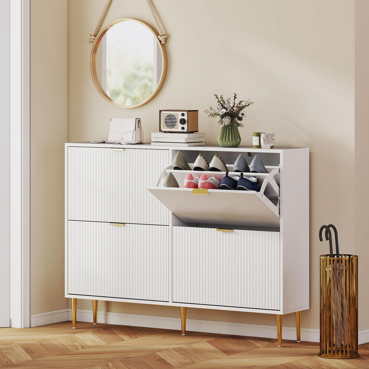 SCHUHSCHRANK DE-15042 4 Klapptüren mit Rillenfront & verstellbaren Böden Weiß - Weiß, Holzwerkstoff (105/91.5/24cm) - ComfortXL