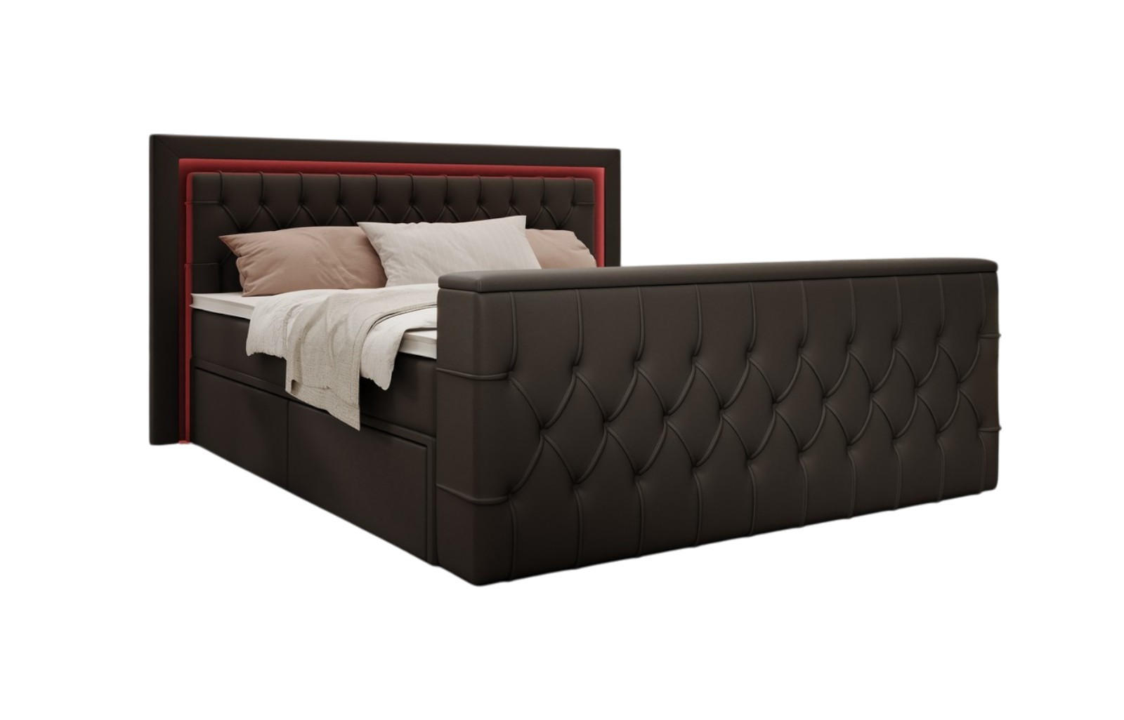 BOXSPRINGBETT Arosa TV mit Schubladen und Topper, TV-Lift, LED Beleuchtung, Kunstleder, 180x200 cm, Schwarz - Schwarz, Holz - PROMETO Möbel
