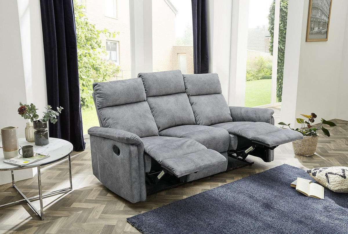3-SITZER-RELAXSOFA Federkern, Liegefunktion verstellbar durch halbautomatische Relaxfunktion B180/T90/H100 cm, Velours Vintage Grau / 15128 - Hellgrau/Schwarz, Textil (180/100/90cm) - luma-home