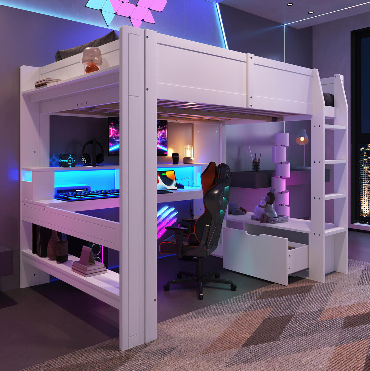 HOCHBETT 140/200 cm mit Schreibtisch, Regal, Schublade und LED-Beleuchtung aus Massivholz, Weiß - Weiß, Holz (140/200cm) - Redom