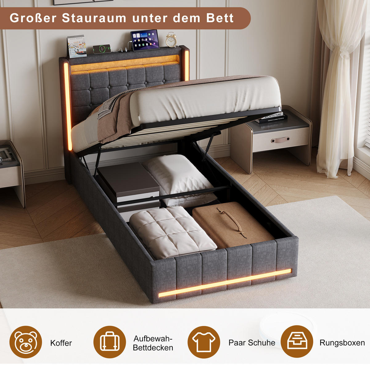 POLSTERBETT 90x200 cm Grau mit LED, Stauraum, USB-C & hydraulischem Lattenrost - Grau, Holz (90/200cm)