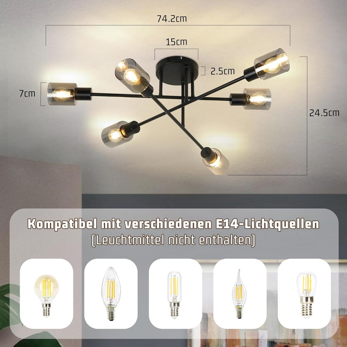 DECKENSTRAHLER Kerzia 24.5/15/74.2 cm - Schwarz, Metall (74.2/24.5/15cm) - ZMH