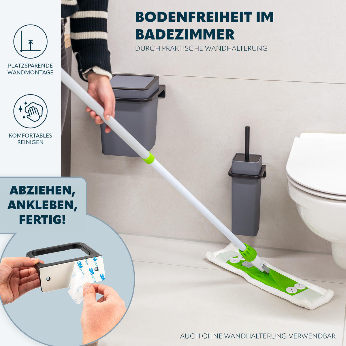 WC-GARNITUR 2-TLG. Bürste u. Eimer SAVONA Softtouch inkl. Wandhalterung, eckig - grau - Grau, Kunststoff (18/25/21cm) - bremermann