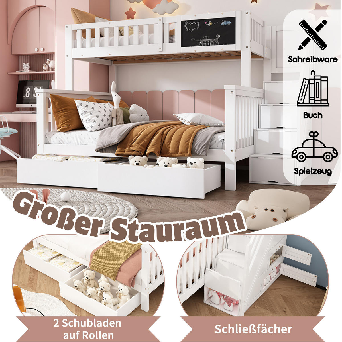 KINDER-ETAGENBETT 90x200+140x200 Tafel Schubladen Weiß - Weiß, Holzwerkstoff (140/200cm) - FLIEKS