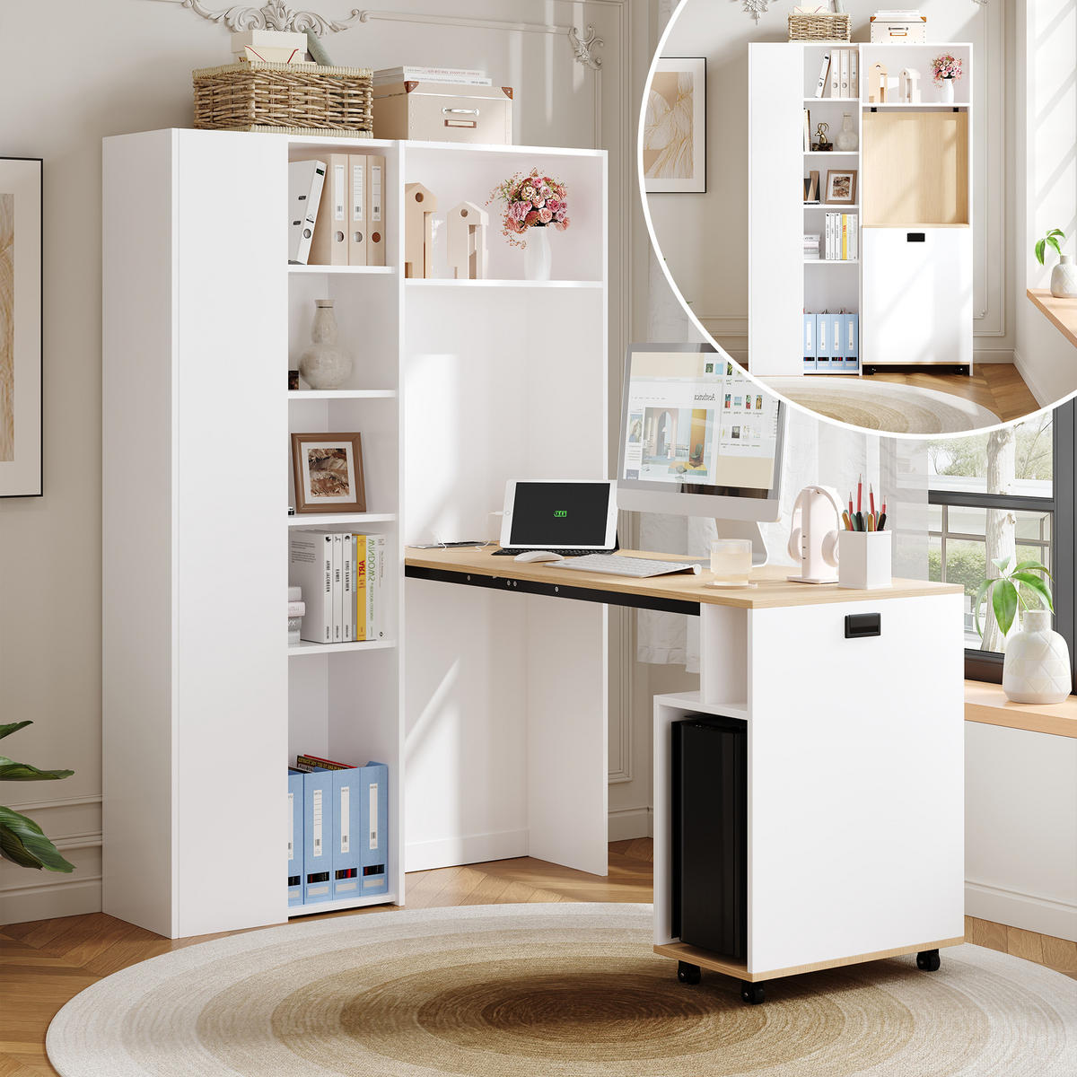 KLAPPBARER SCHREIBTISCH 2-in-1 Bücherregal USB Steckdose weiß links - Weiß, Holzwerkstoff (105/30/160cm) - FLIEKS