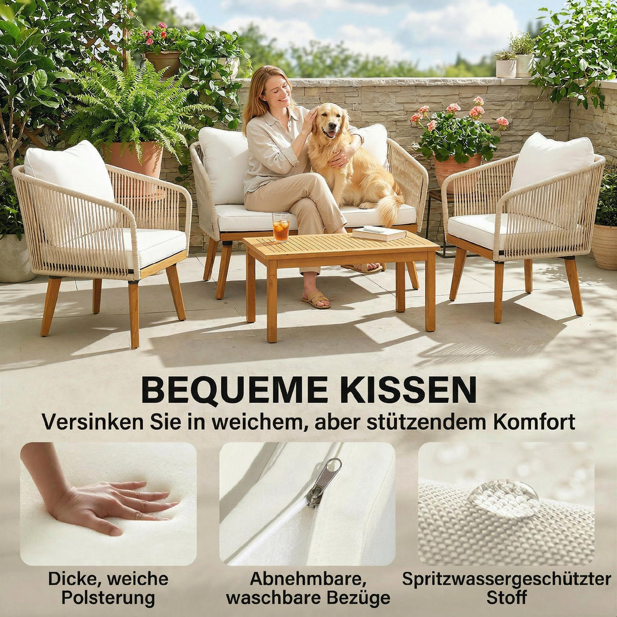 RATTAN-GARTENMÖBEL-SET 4er Set PP-Rattan Stahl Cremeweiß - Creme/Akaziefarben, Kunststoff/Textil - Outsunny