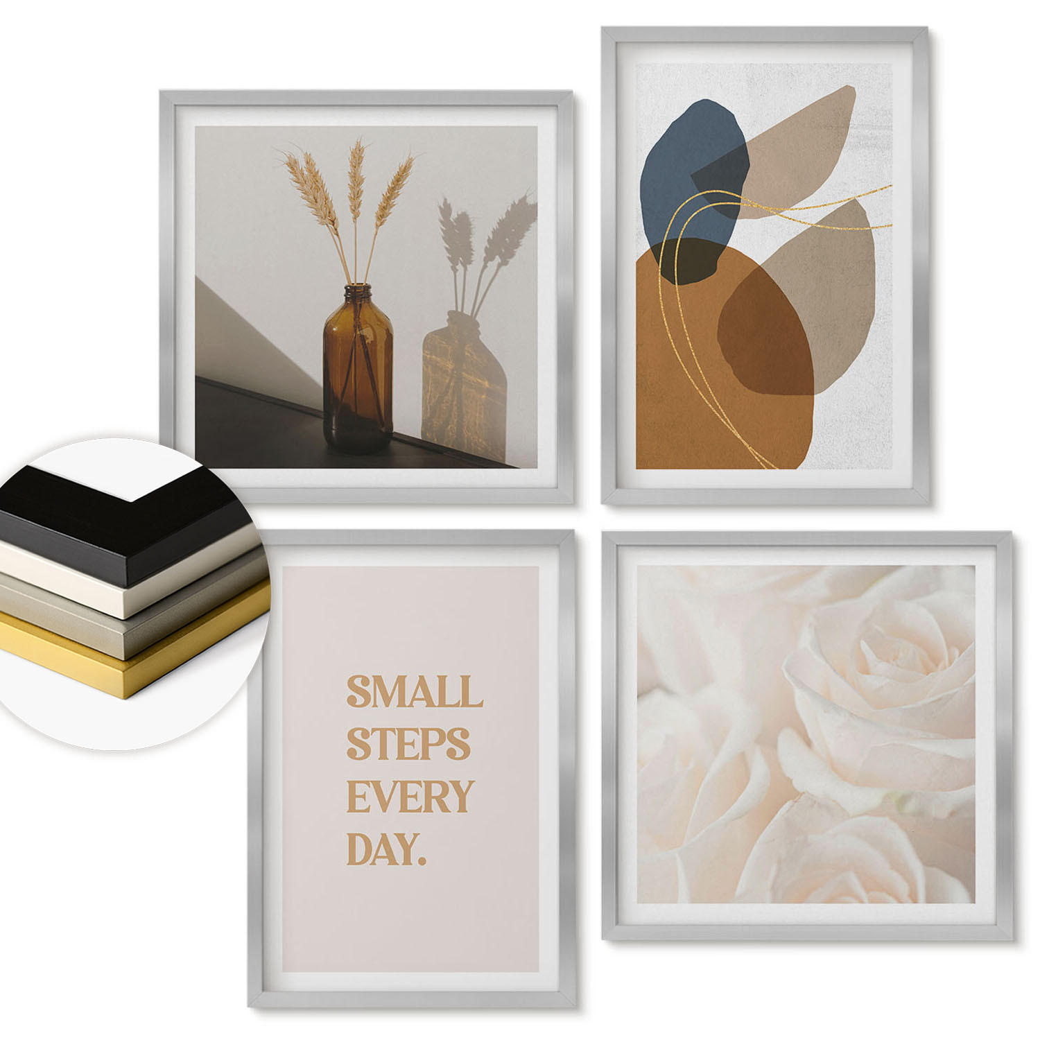 WANDBILDER 4er Set - 50x50 cm & 40x60 cm Silberner Rahmen - Abstrakte Formen Akzente - Silberfarben, Kunststoff (50/50cm) - ArtPrintCave