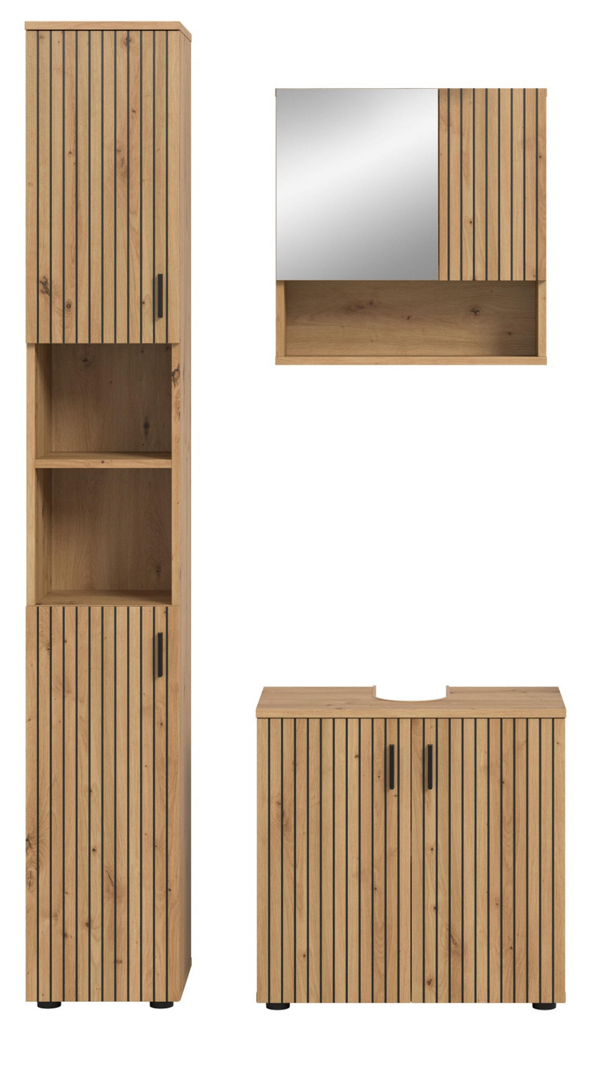 BADMÖBEL-SET Eiche Artisan 3-teilig 105 cm, Badkombination mit Rillen-Optik - Schwarz/Eiche Artisan, Glas/Holzwerkstoff (105/192/30cm) - Inn.Furn