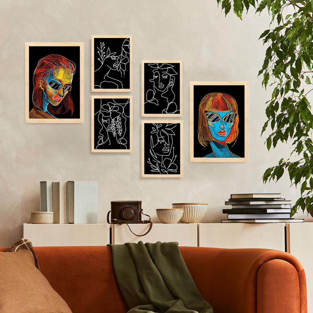 POSTER Set Mit 6 Schönheitstöne 1 In Weibliche Zusammenfassung Ästhetische Dekorative Gemälde Für Ihr Zuhause A3 & A4 Rahmen Aus Hellem Holz - Beige, Papier (29/3cm) - Nacnic