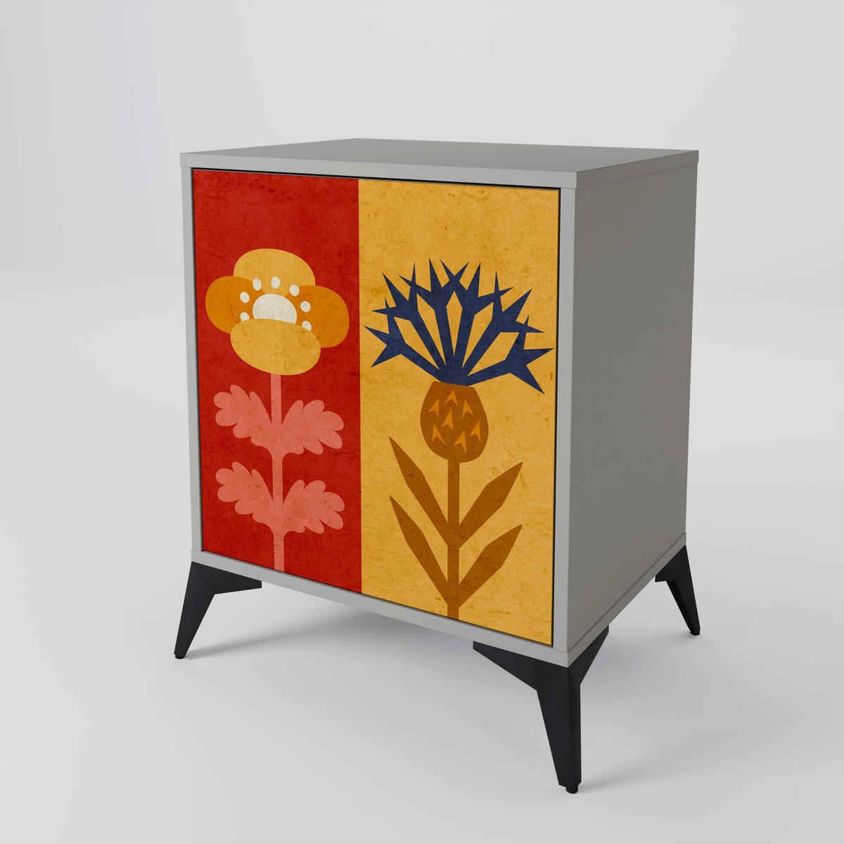 SIDEBOARD SCANDIC FLOWERET, Grau, 57,5x42x67,5 cm, Schwarze Metall-Rahmenfüße - Multicolor/Schwarz, Holzwerkstoff/Metall (57.5/67.5/42cm) - SpaceRebels