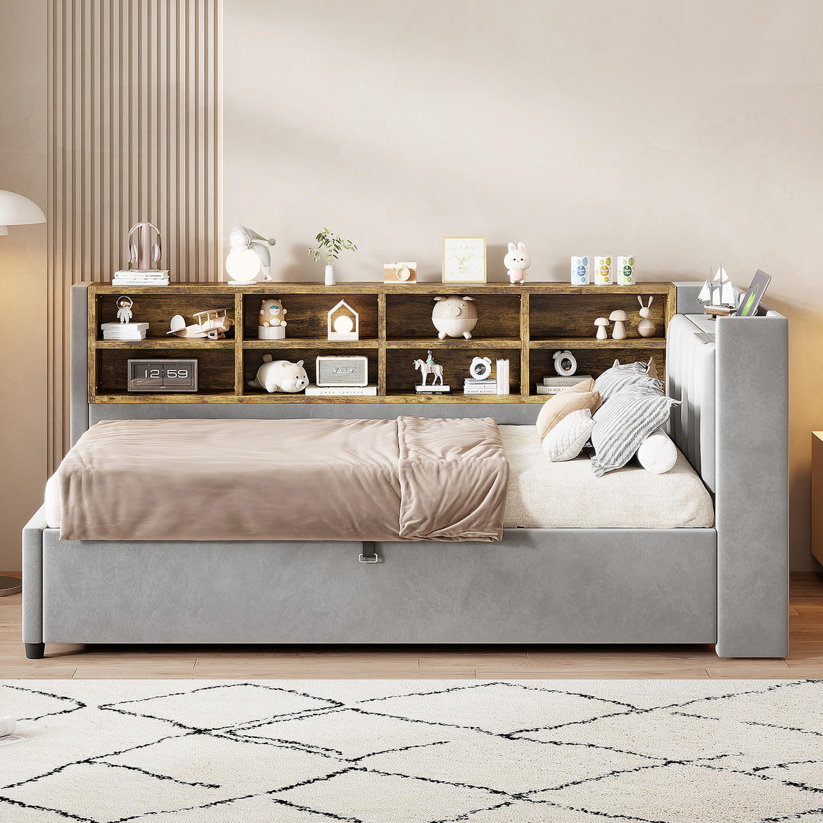 POLSTERBETT aus Samt 90x200 cm Grau mit hydraulischem Stauraum, Nachtlicht, USB- und Typ-C-Anschluss - Hellgrau, Textil (90/200cm) - IVMEU