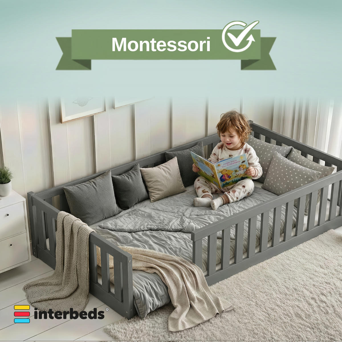 BODENBETT Bella 160x80 mit Rausfallschutz & Lattenrost Kinderbett aus Holz - Grau, Holz (80/160cm) - Interbeds