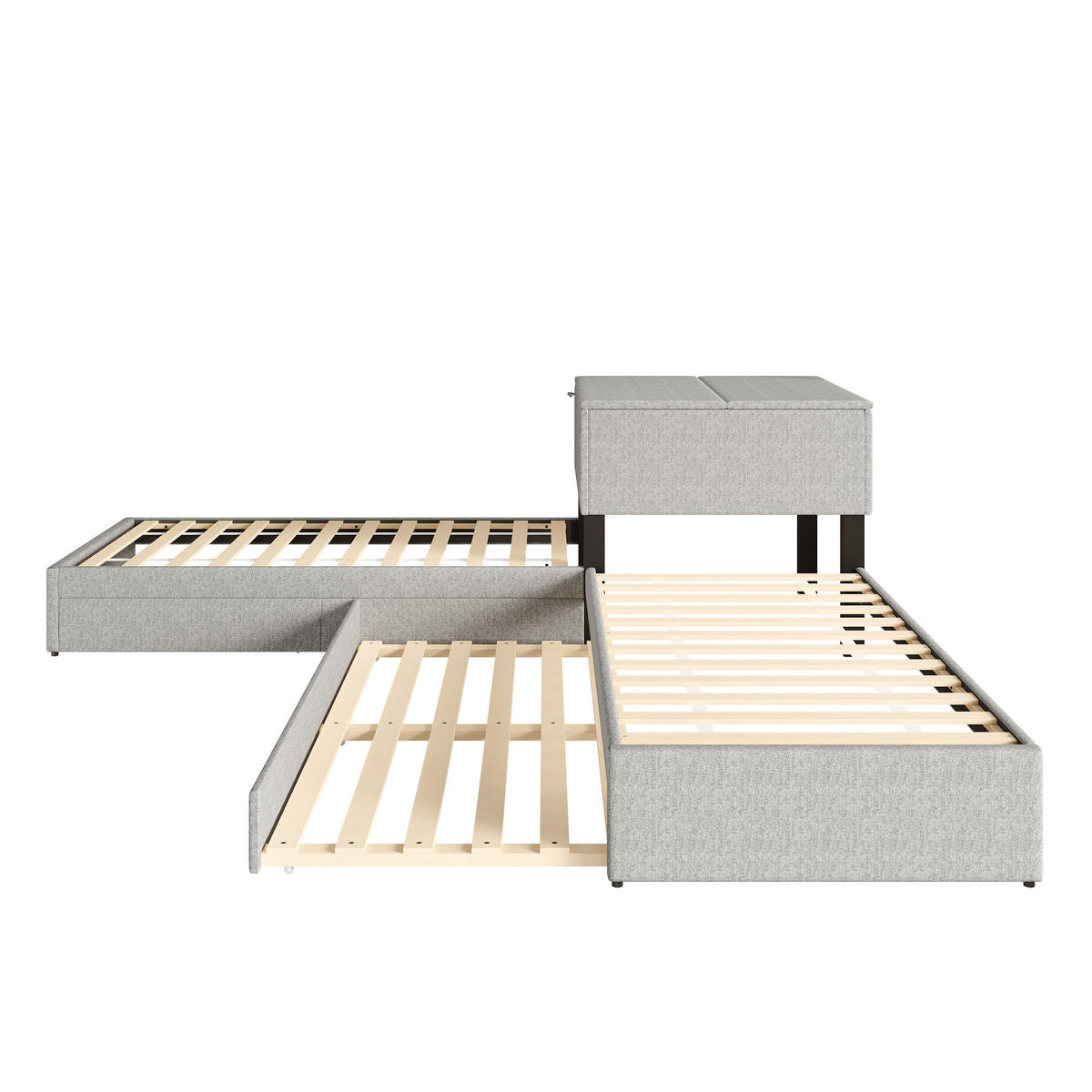 POLSTERBETT mit Ausziehbet in Grau Leinen (ohne Matratze) - Grau, Holz/Textil (90/200cm) - KOMHTOM