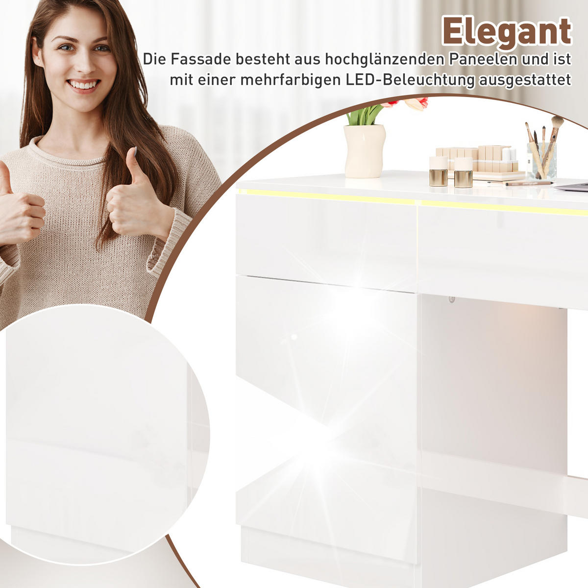 SCHREIBTISCH Weiß Hochglanz 120/50/78 cm mit LED-Beleuchtung und Schubladen - Weiß, Holzwerkstoff (50/120/78cm) - PANGIVO