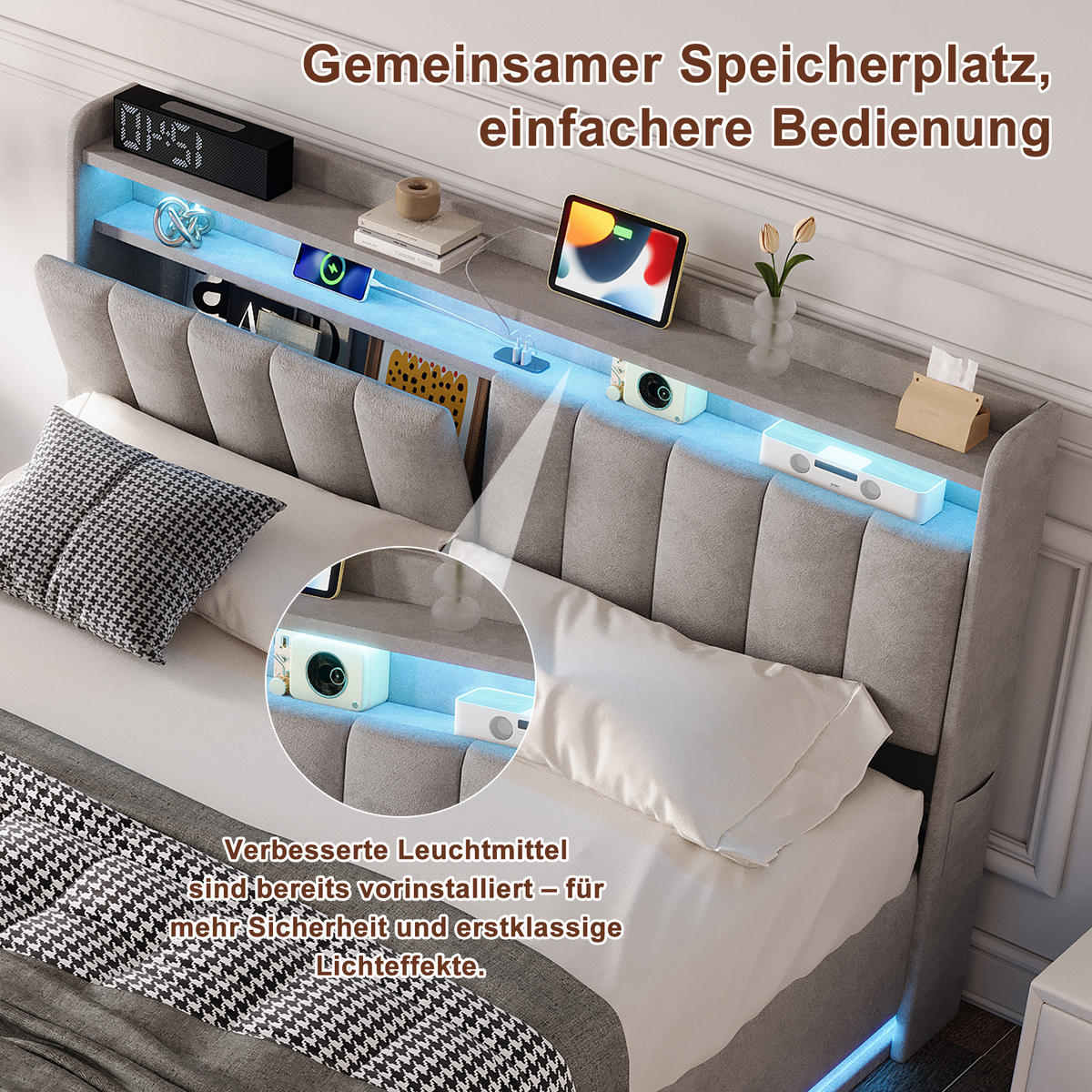 POLSTERBETT 140/190 cm Grau aus Leinen, mit Stauraum, LED-Beleuchtung und USB-Ladefunktion - Naturfarben/Grau, Holz/Metall (140/190cm) - FURNISHINGS HOME