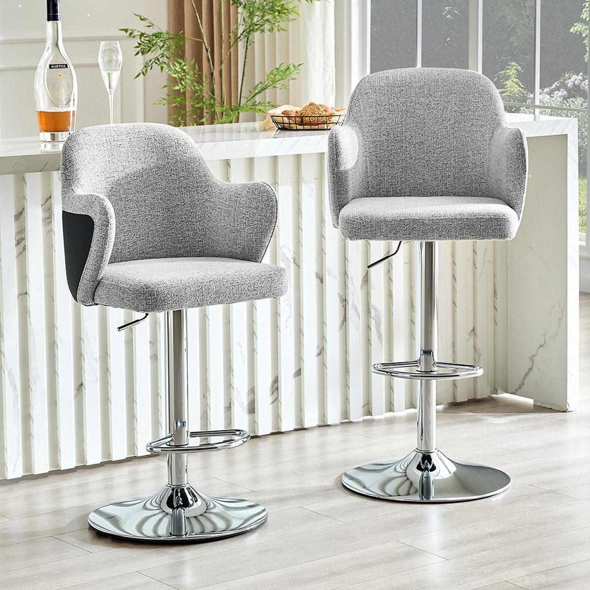 BARHOCKER-SET(2ER-SET) mit Armlehnen, um 360° drehbar, Hellgrau + Schwarz - Grau, Textil (37.6/118/45cm) - KOMHTOM