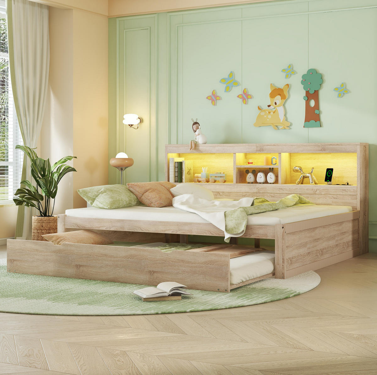 TAGESBETT 140/200 cm mit LED-Beleuchtung, Ausziehbett, USB und Stauraum - Naturfarben, Holzwerkstoff (140/200cm) - BEAOK