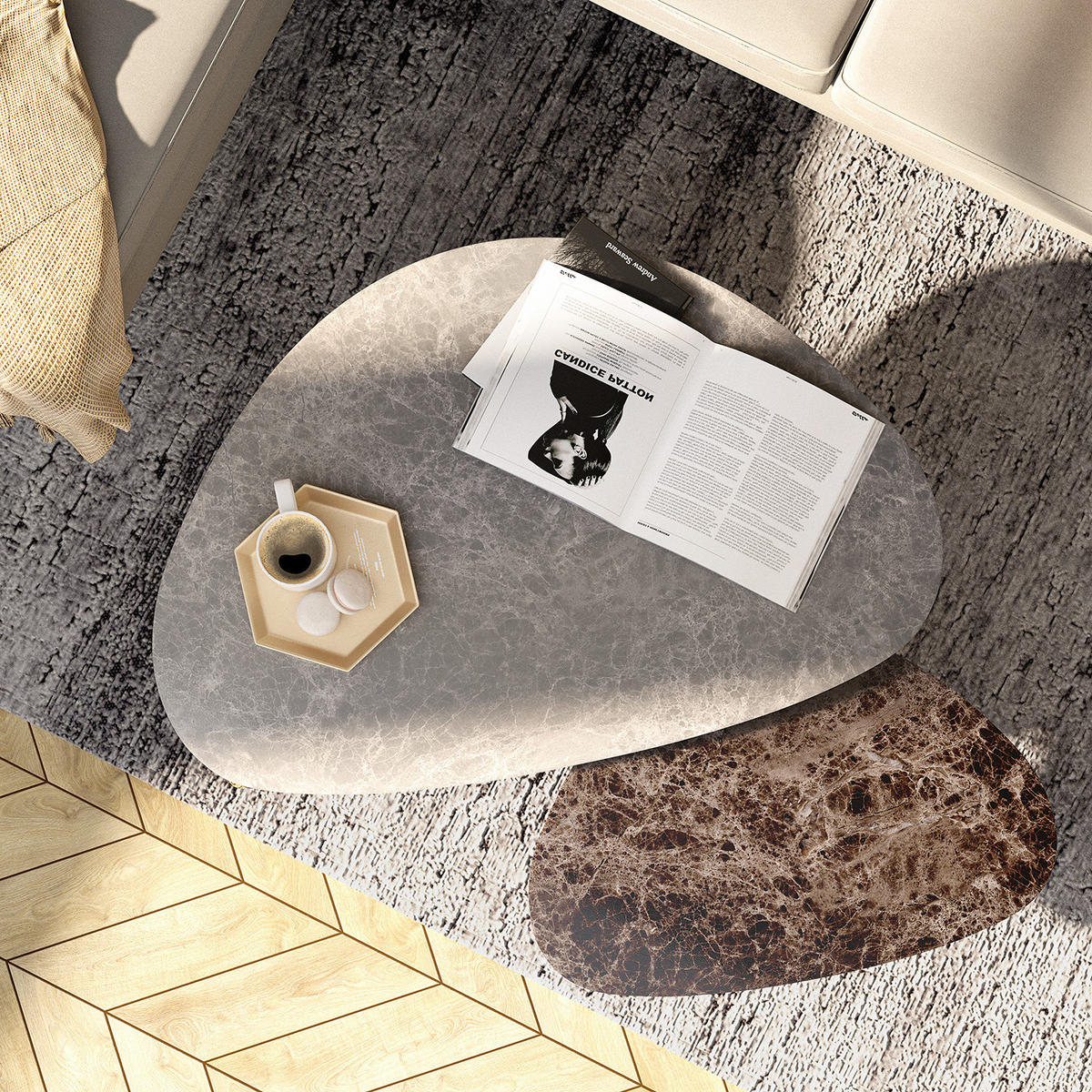COUCHTISCH - Marmor Hellgrau Dekor / Gold - Hellgrau, Holzwerkstoff/Metall (60/90/42cm) - home24