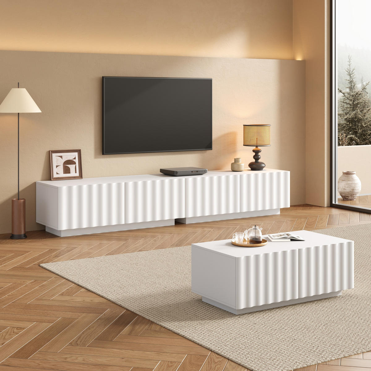 WOHNZIMMER-SET in Weiß Wohnzimmermöbelset mit Schuhbladen, Lowboard & Couchtisch - Weiß, Holzwerkstoff (200/35/40cm) - STILVORA