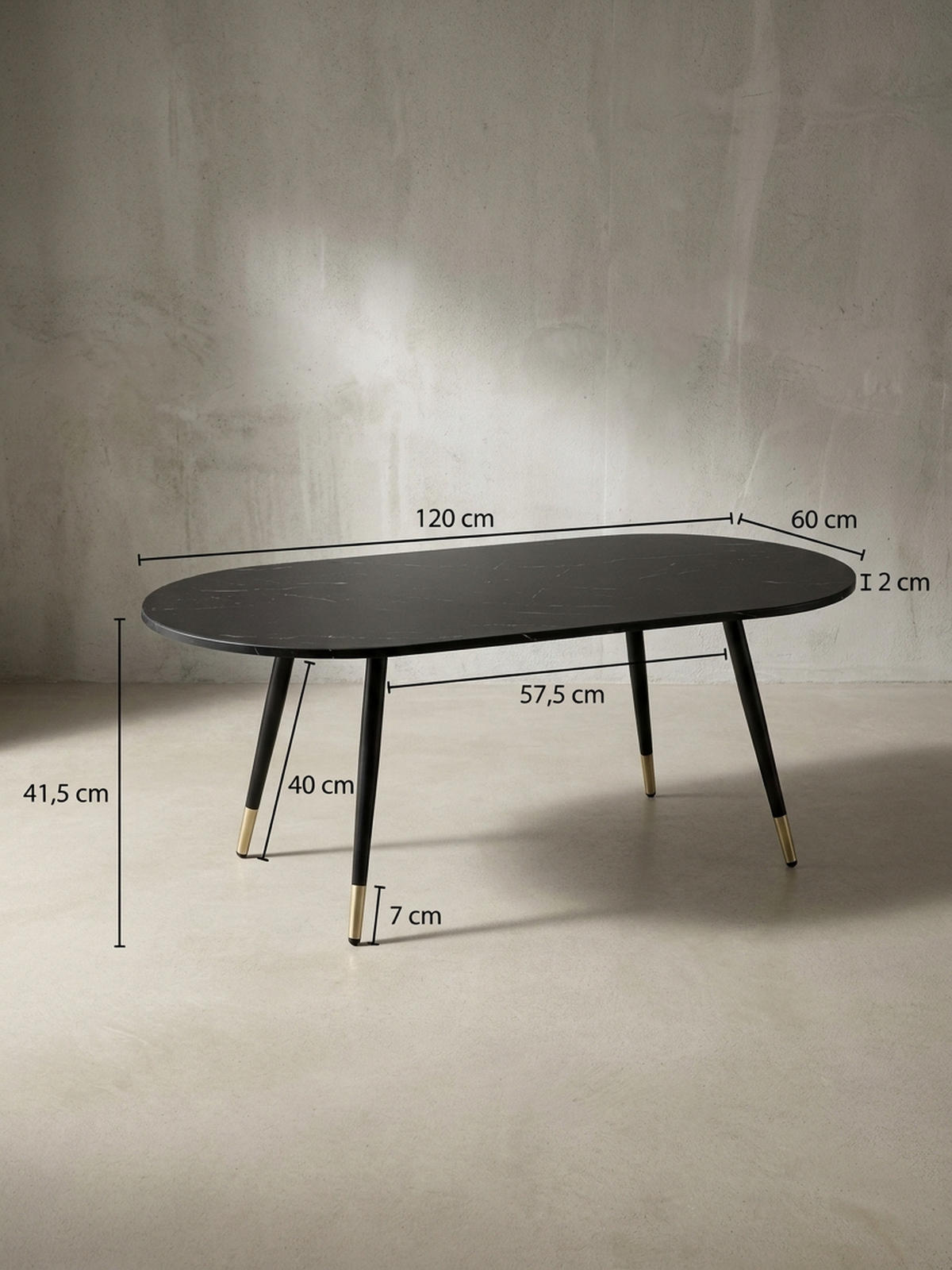 COUCHTISCH oval in Marmor-Optik – mit Metallgestell im modernen Design, Schwarz 120x60x42 cm - Goldfarben/Schwarz, Holzwerkstoff/Metall (60/120/42cm) - KADIMA DESIGN