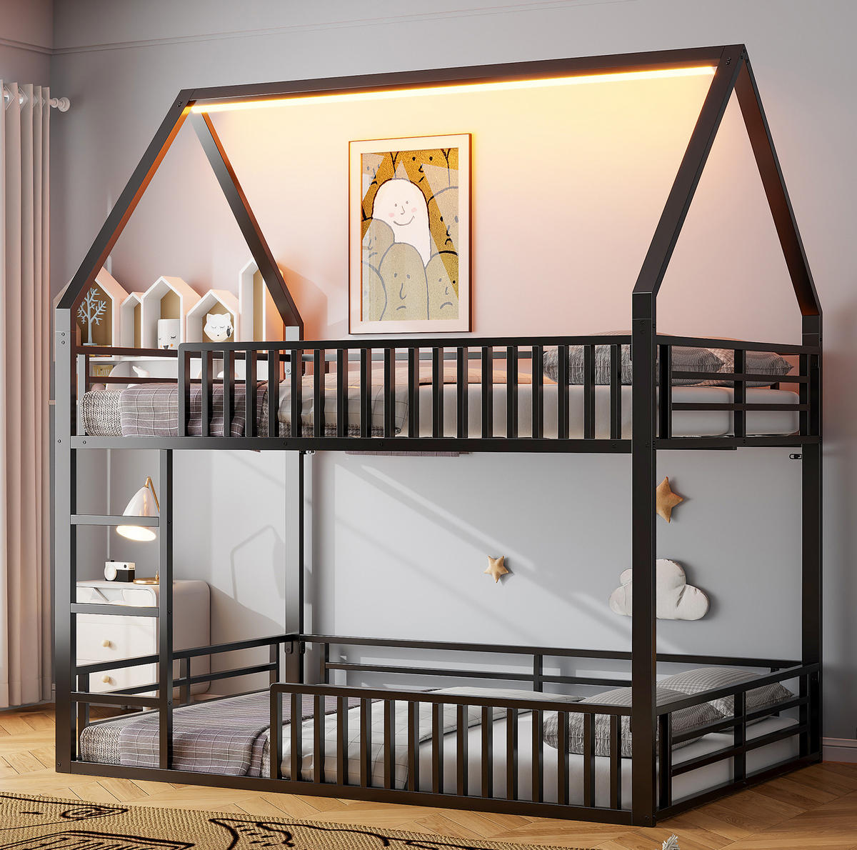 ETAGENBETT mit Hausform 140/200 cm, Schwarz mit LED-Licht - Schwarz, Metall (140/200cm) - MIVRAY