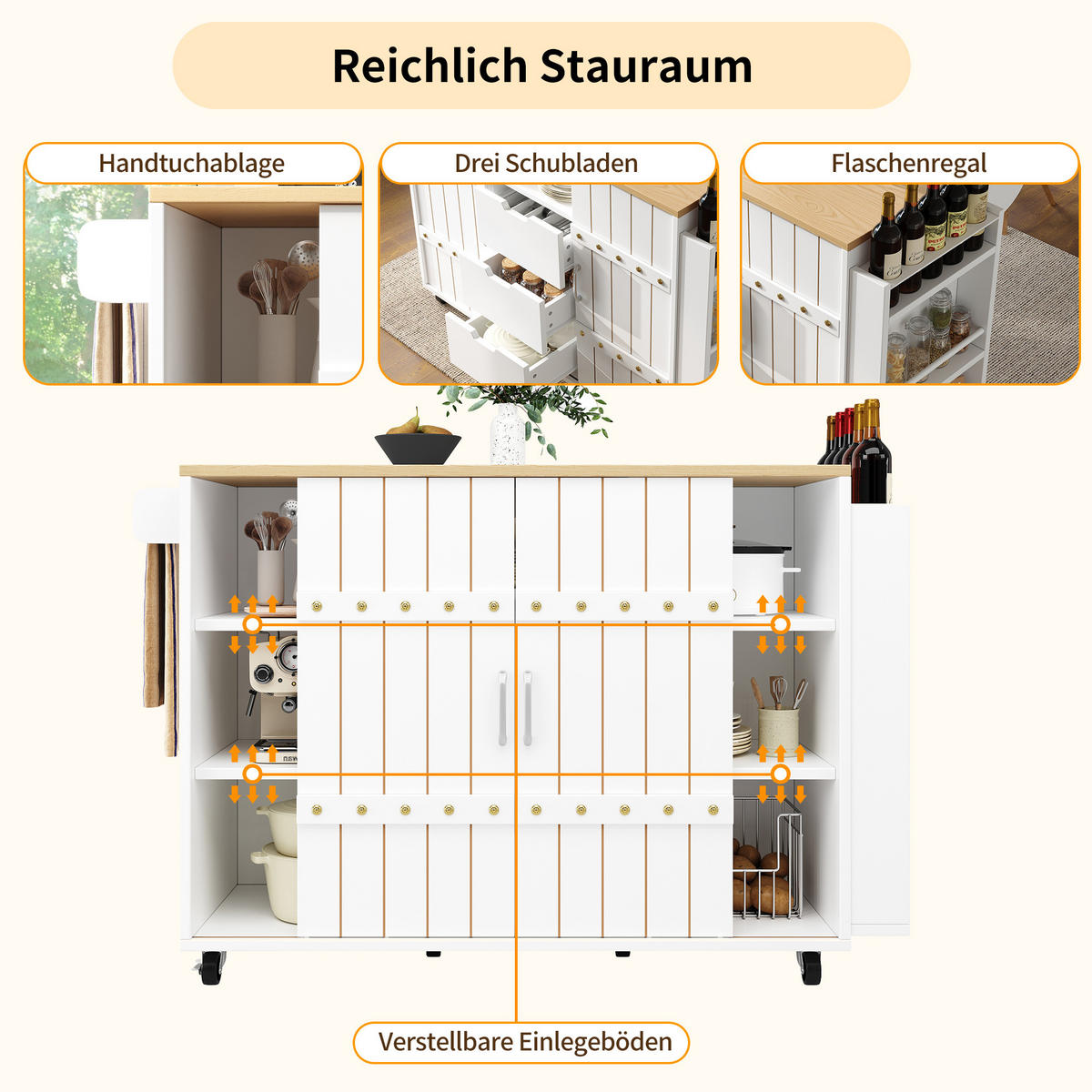 KÜCHENWAGEN 110x42x90cm Weiß mit 3 Schubladen,Schiebetüren & 4 Rollen - Weiß, Holzwerkstoff (110/90/42cm) - Modfu