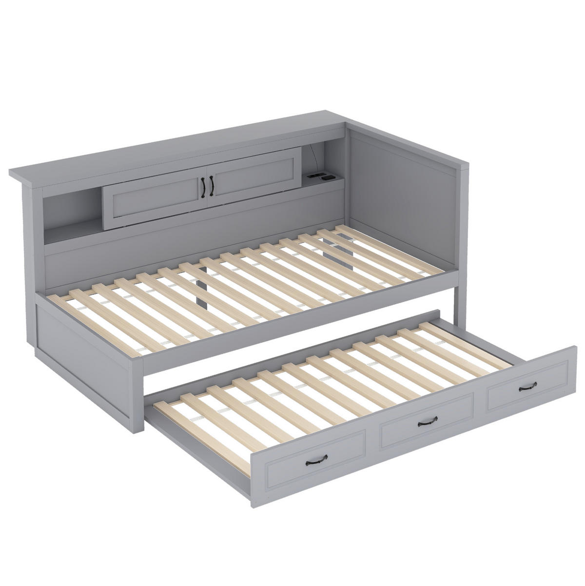 TAGESBETT 90/200 cm mit LED-Beleuchtung, Ausziehbett, USB und Stauraum aus Spanplatte und MDF, Grau - Grau, Holzwerkstoff (90/200cm) - Redom