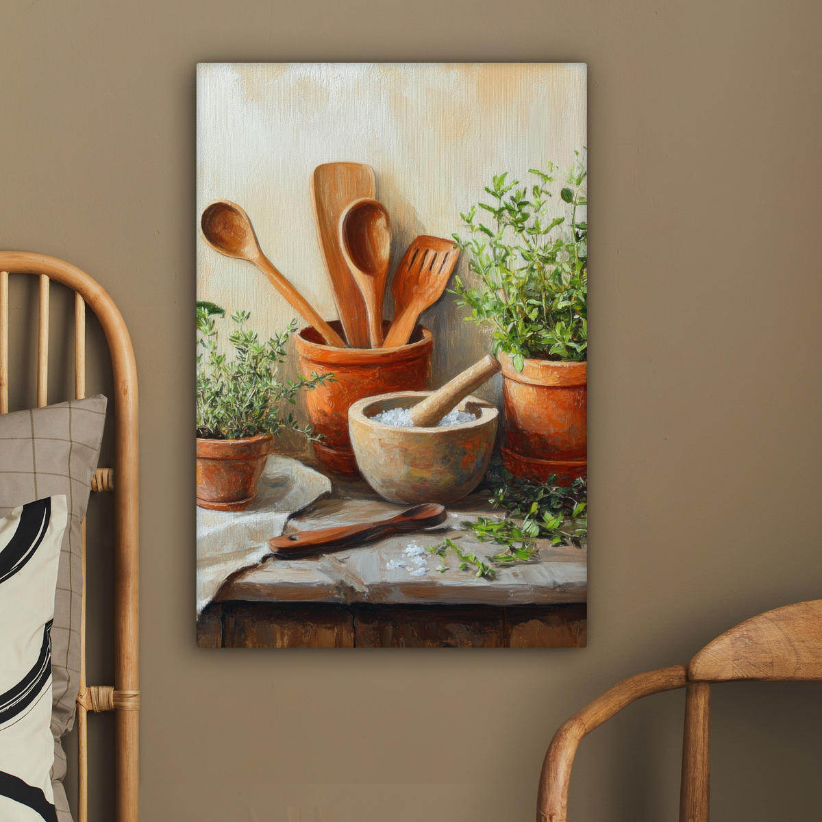 LEINWANDBILD Töpfe - Kräuter - Holz 40x60 cm - Terracotta, Textil (40/60cm) - MuchoWow