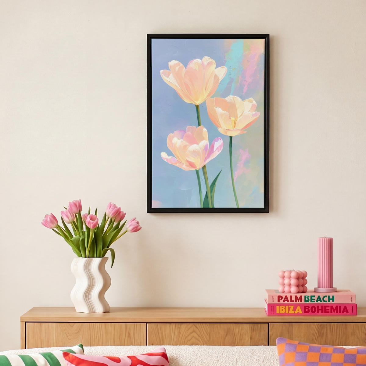 LEINWAND Bilder mit Rahmen - Tulpen - Rosa Akzente - Blau - 20x30 - Pastellblau, Textil (20/30cm) - MuchoWow