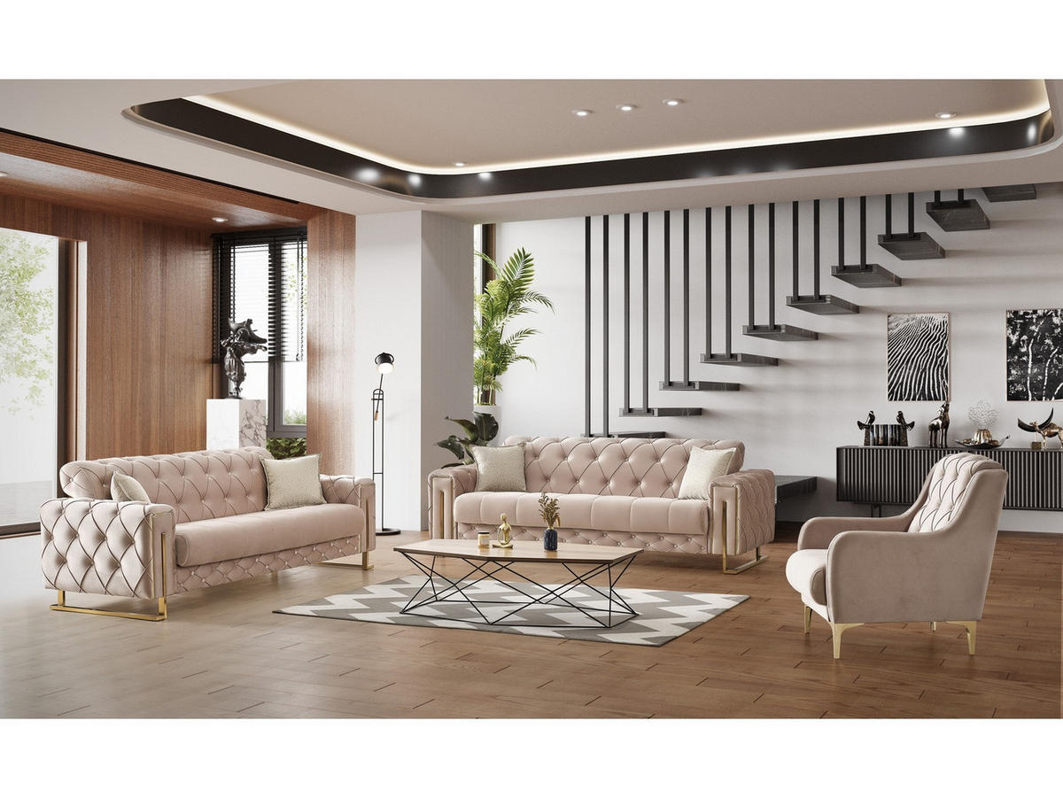 SITZGARNITUR Shimla, Beige Stellvariante 3+2+1 - Beige, Holzwerkstoff/Metall (220/80/100cm)