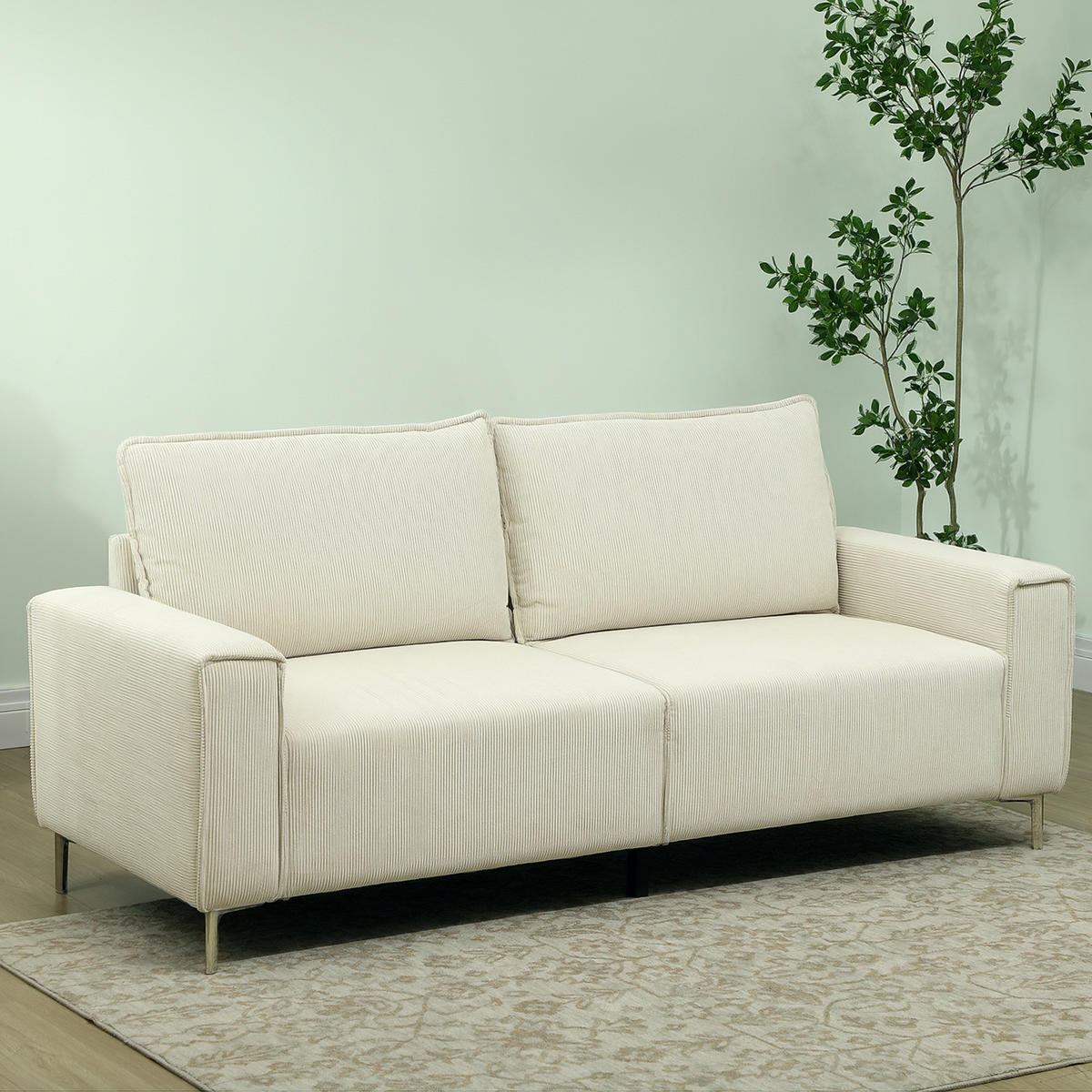 3-SITZER Sofa, Couch mit Armlehnen, Rückenkissen, für Wohnzimmer, Schlafzimmer - Silberfarben/Creme, Textil/Metall (77/80/193cm) - HOMCOM