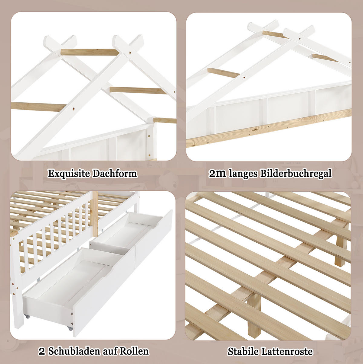 DOMČEKOVÁ posteľ 140/200 cm biela/prírodná s ochrannými zábranami a 2 zásuvkami z borovice a MDF - biela, drevo (140/200cm) - OKWISH
