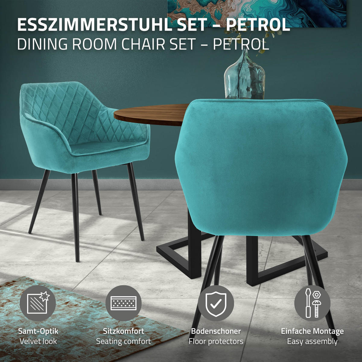 ESSZIMMERSTUHL 2er Set Petrol Samt - Türkis/Schwarz, Textil/Metall (60/80/63cm) - ML-DESIGN