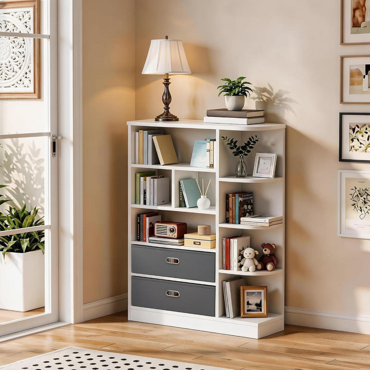 BÜCHERREGAL mit 8 offenen Regalböden und 2 Stoffschubladen Weiß 80 x 24 x 115 cm - Weiß, Holzwerkstoff (24/80/115cm)