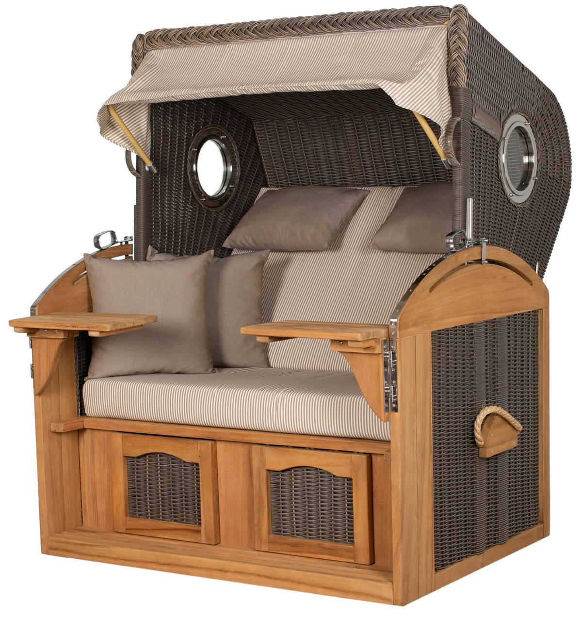 STRANDKORB Komplettset: Borkum XL Teak Bullauge - PE grau - Modell 510 - Beige/Braun, Holz/Kunststoff (142/170/95cm) - bene living