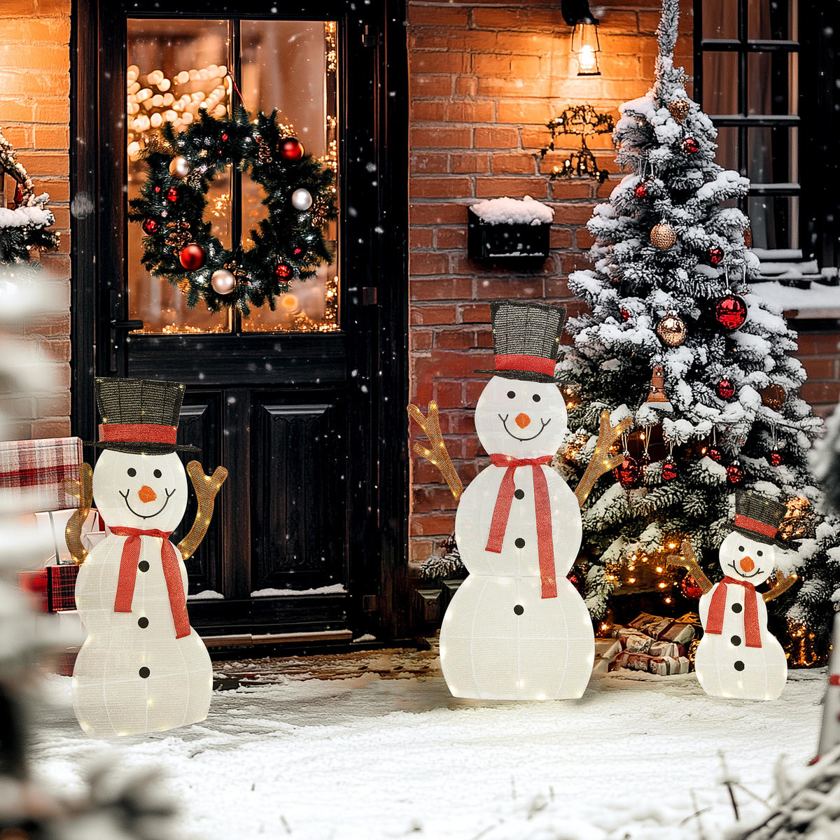 3-TEILIGE weihnachtliche Schneemann-Familie, LED-Lichter, Weiß - Multicolor, Metall (30/91.5/64cm) - Outsunny