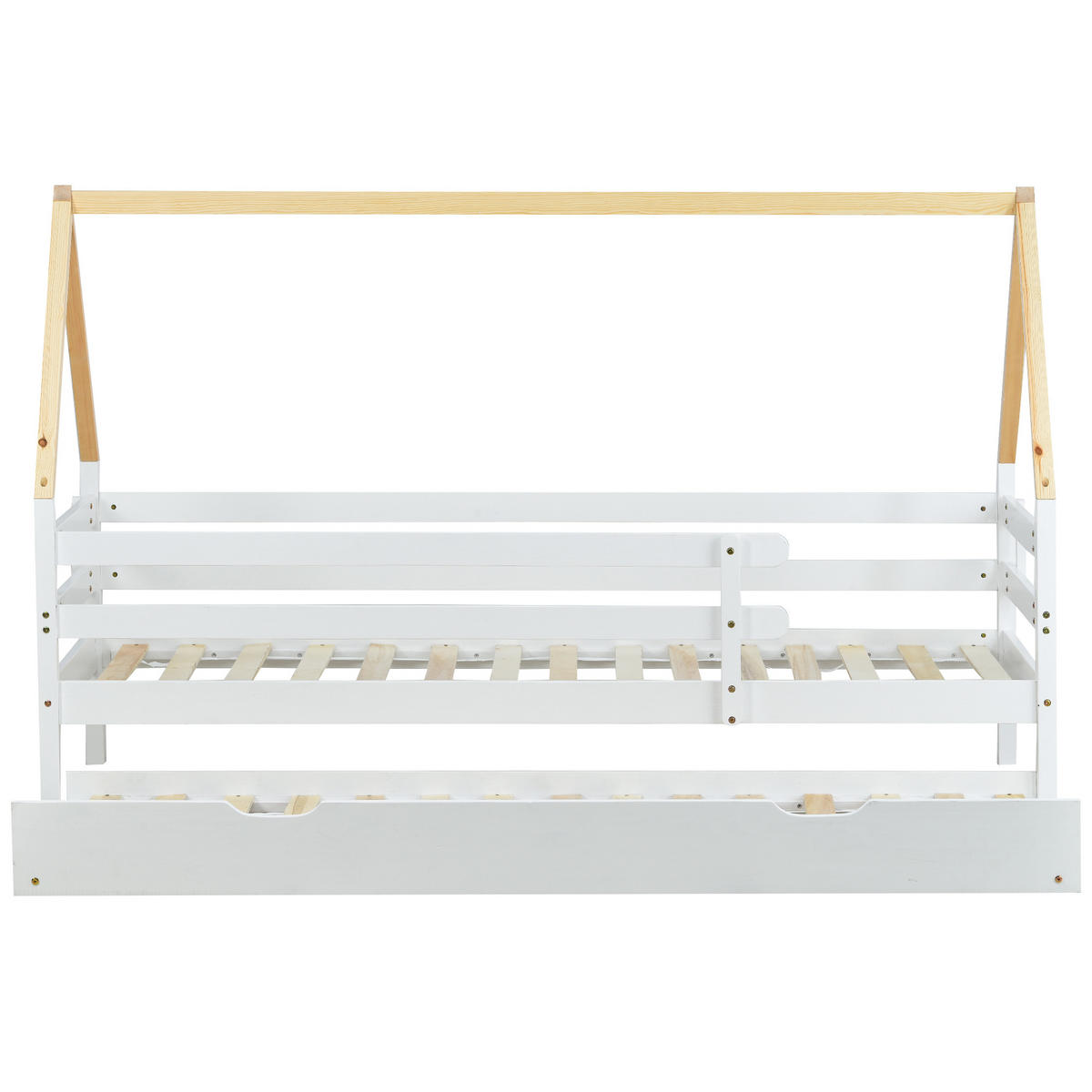 KINDERBETT 90/200 cm Weiß mit naturfarbenem Dachstuhl aus Massivholz - Weiß, Holz (90/200cm) - OKWISH