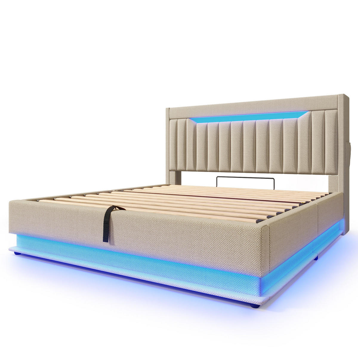 POLSTERBETT 140/190 cm in Beige mit Stauraum, LED-Beleuchtung und USB-Anschlüssen - Beige, Textil (140/190cm) - Flora Grace