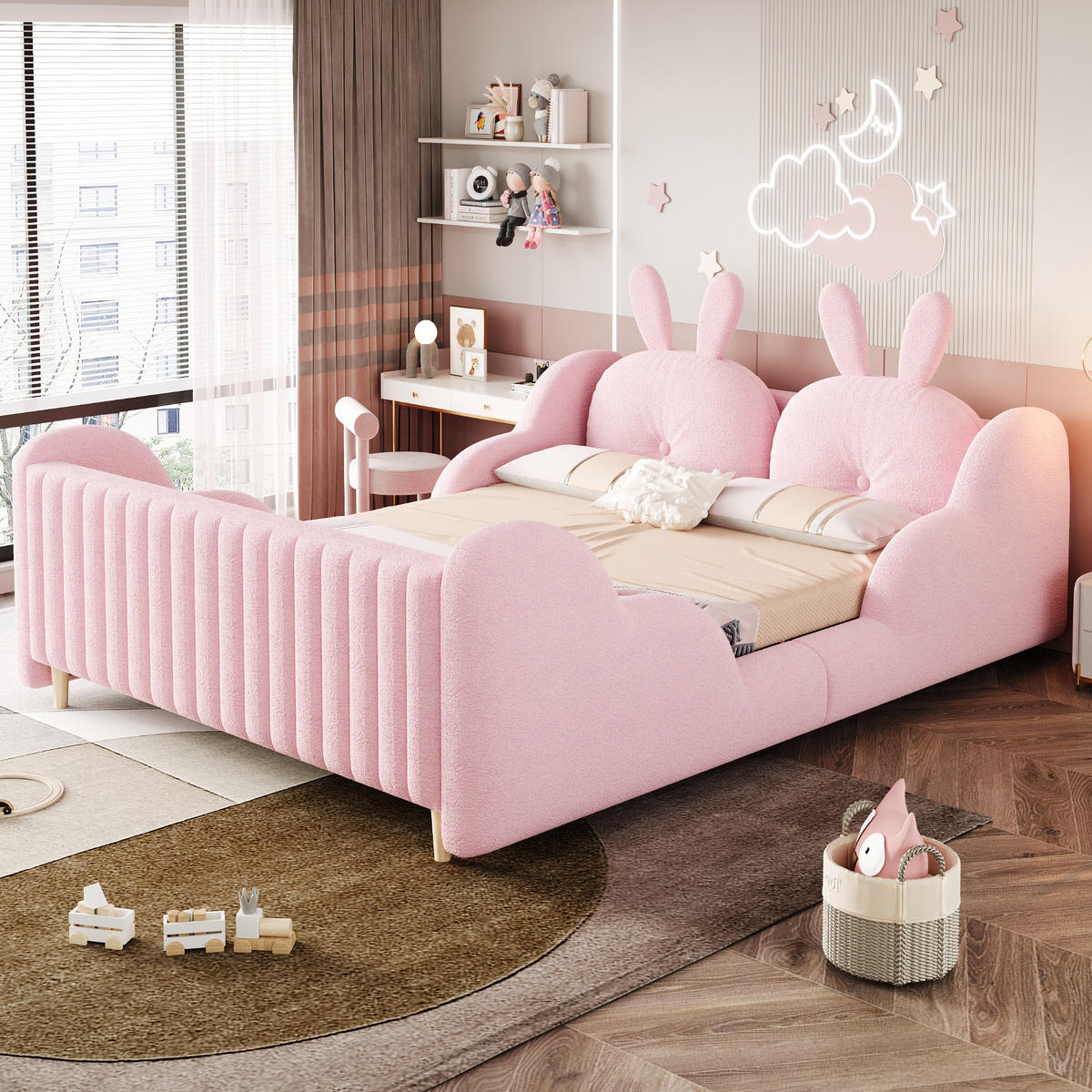 POLSTERBETT 140/200 cm in Rosa Teddyplüsch mit Hasenkissen - Rosa, Holzwerkstoff/Textil (140/200cm) - WISHDOR