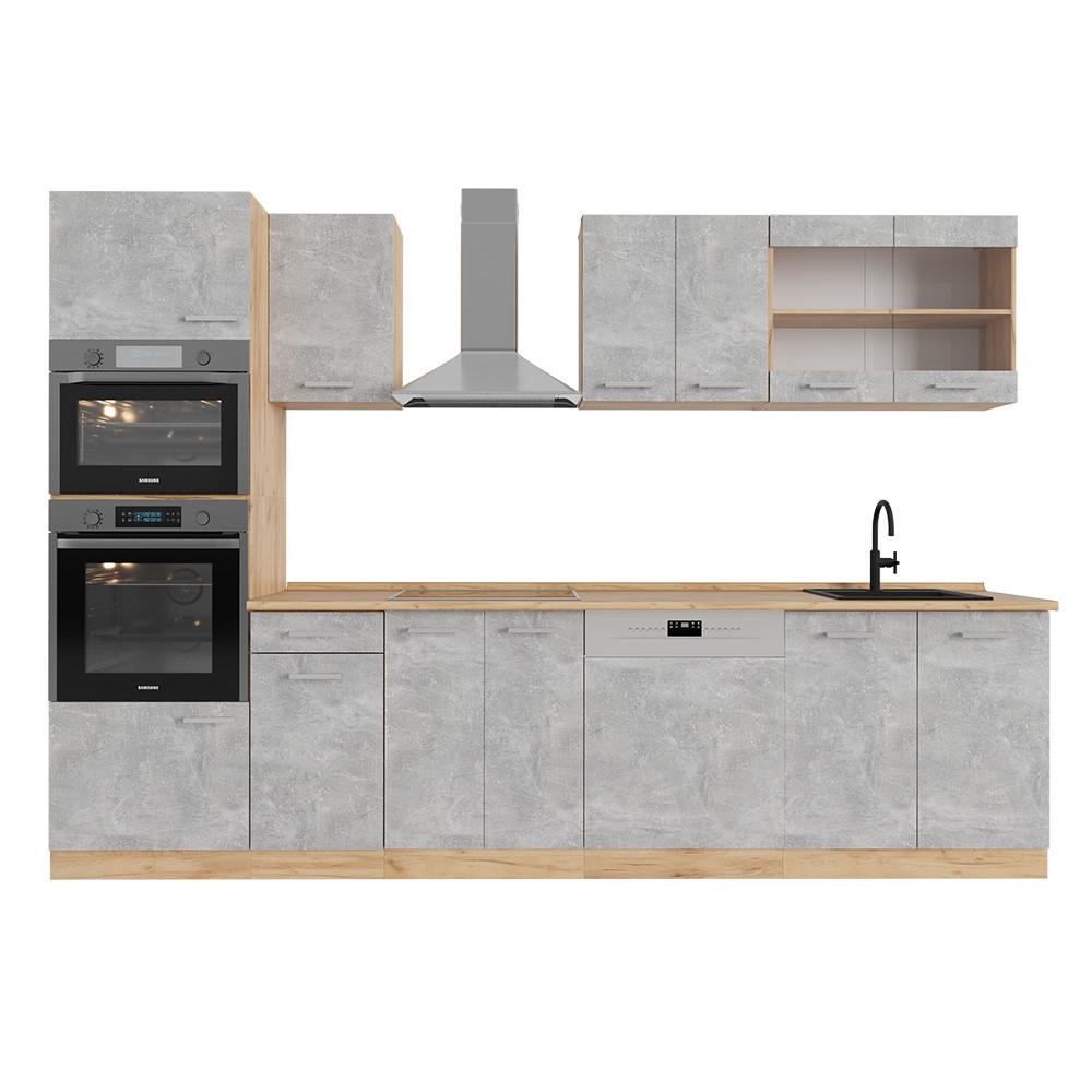 KÜCHENZEILE R-Line Beton/Goldkraft Eiche 300 cm mit Hochschrank, ohne Arbeitsplatte - Schieferfarben/Eiche Wotan, Holzwerkstoff (300/81.6/46cm) - Vicco