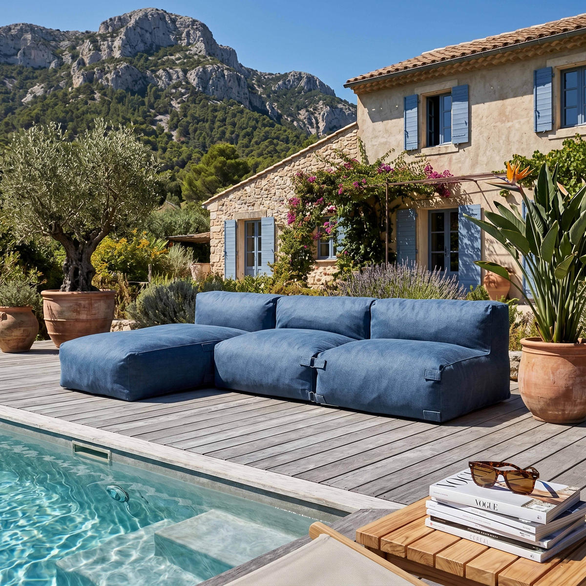 GARTENSOFA mit 3 Sitzplätzen, Pazifikblau - Blau, Textil - Oviala