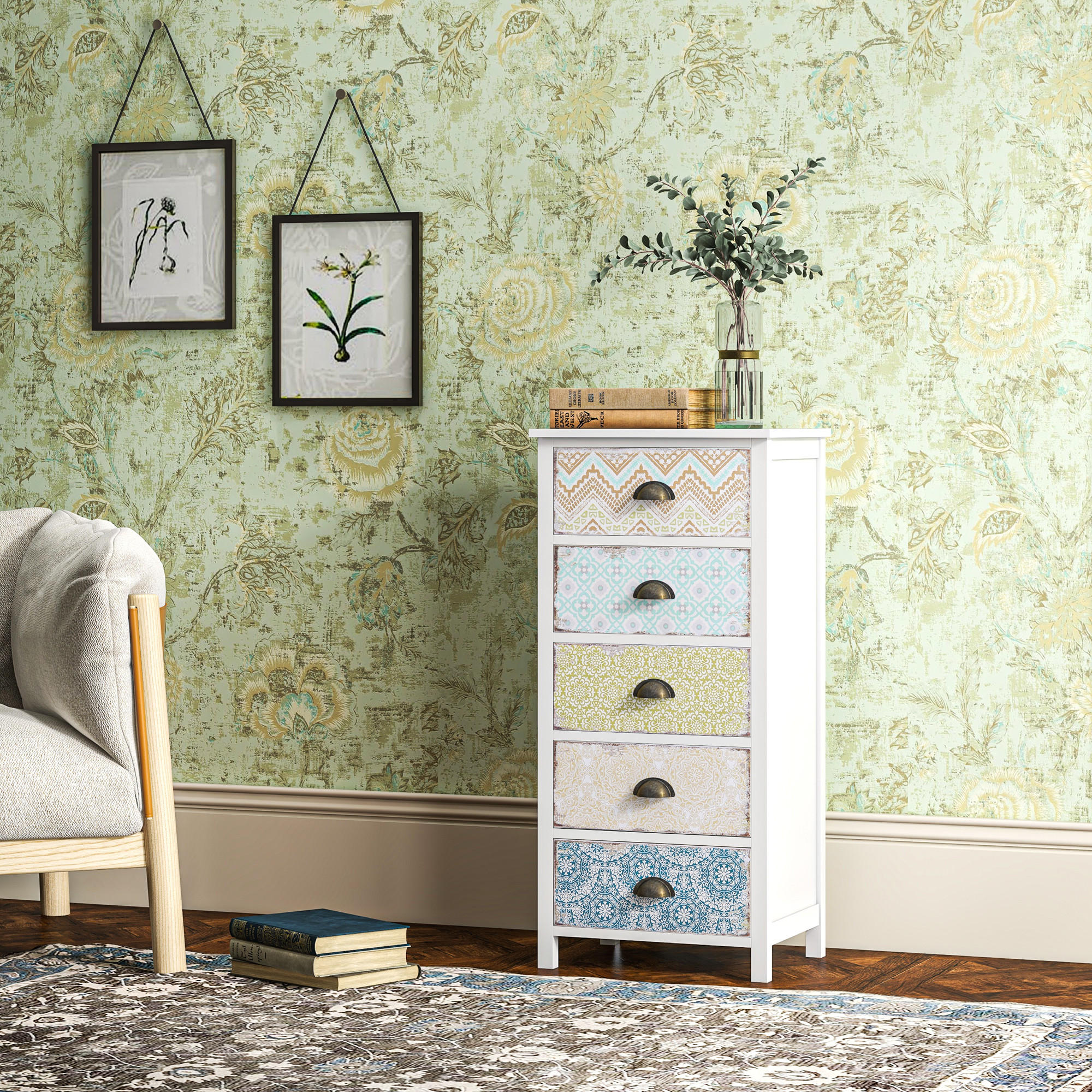 KOMMODE mit 5 Schubladen Schubladenkommode Schrank Shabby Chic Bunt - Multicolor, Metall (34/97.5/46cm) - HOMCOM